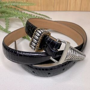 Vintage Vicenza 1472 Black Genuine Italian Leather Tooled Buckle Belt Size 35